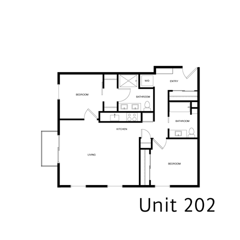 Floor plan for 2 beds, 2 baths, 885 sqft